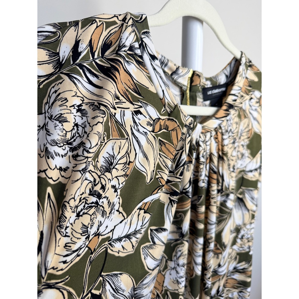Liz Claiborne Career Olive Green Floral Pleated Neck Blouse XL Gold Zipper Top - Picture 6 of 6